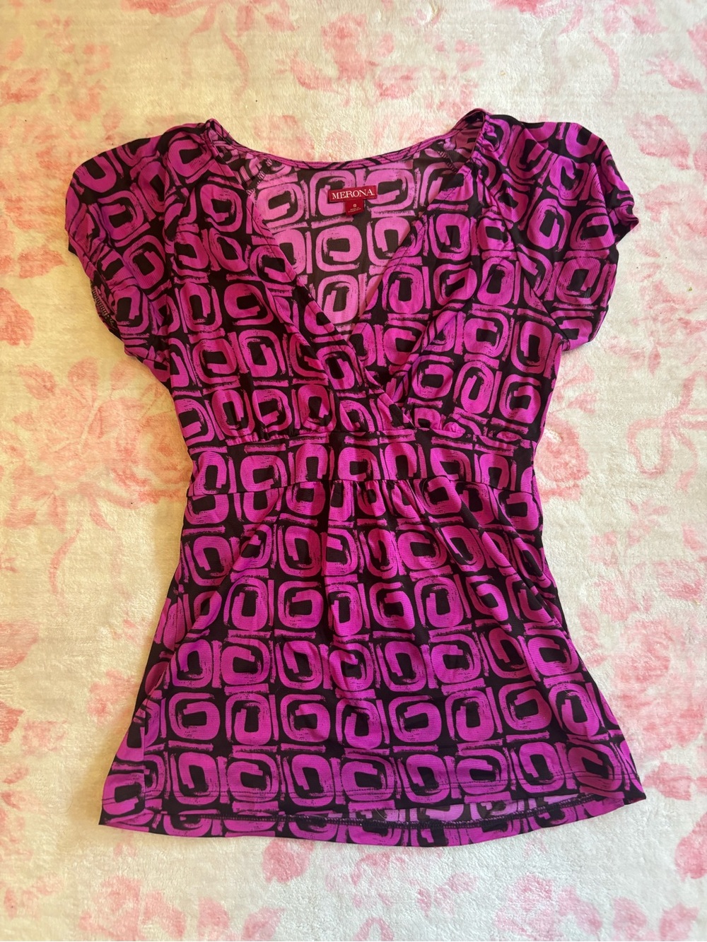 Merona purple and black geometric babydoll blouse with v neck crossover